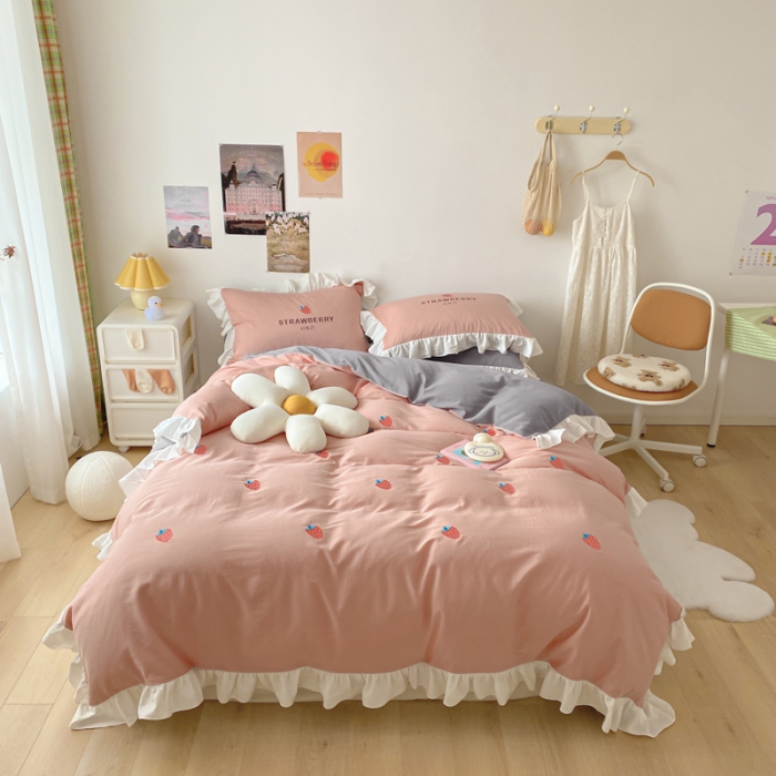 91家纺网 家纺一手货源 找家纺 蓝巢2021新款全棉水洗棉刺绣四件套公主风系列甜心草莓