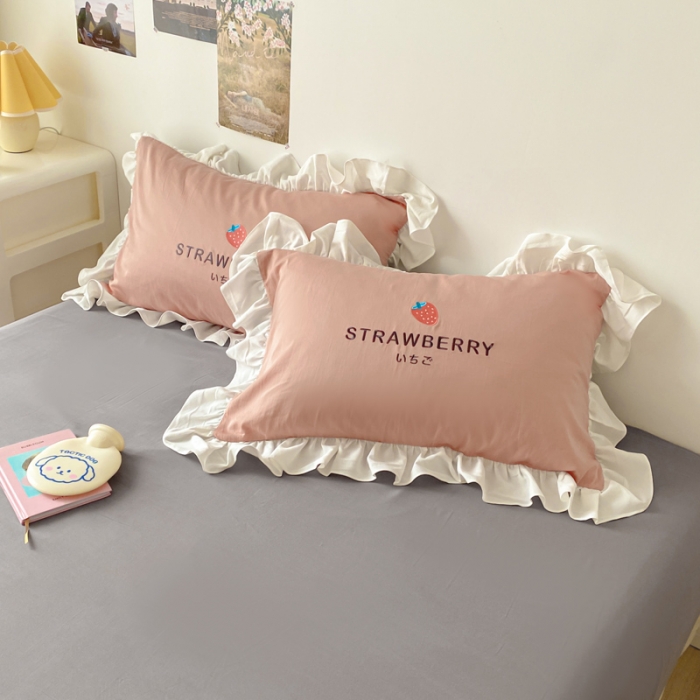 91家纺网 家纺一手货源 找家纺 蓝巢2021新款全棉水洗棉刺绣四件套公主风系列甜心草莓