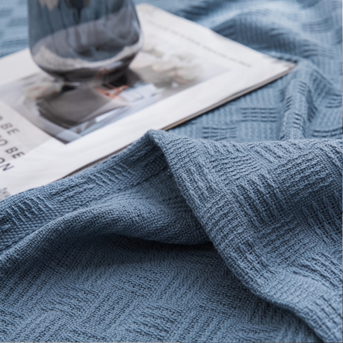 91家纺网 家纺一手货源 找家纺 朴尔2021新款加厚纯色线毯纱布毛巾被素色纯棉肌理线毯-深蓝