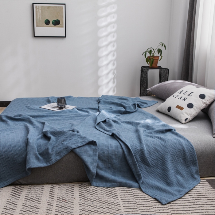 91家纺网 家纺一手货源 找家纺 朴尔2021新款加厚纯色线毯纱布毛巾被素色纯棉肌理线毯-深蓝
