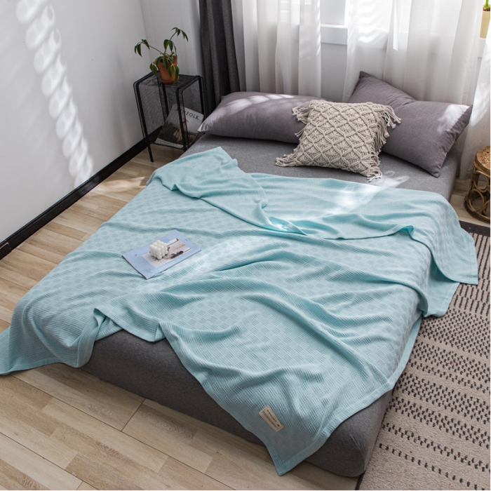 91家纺网 家纺一手货源 找家纺 朴尔2021新款加厚纯色线毯纱布毛巾被素色纯棉肌理线毯-水绿