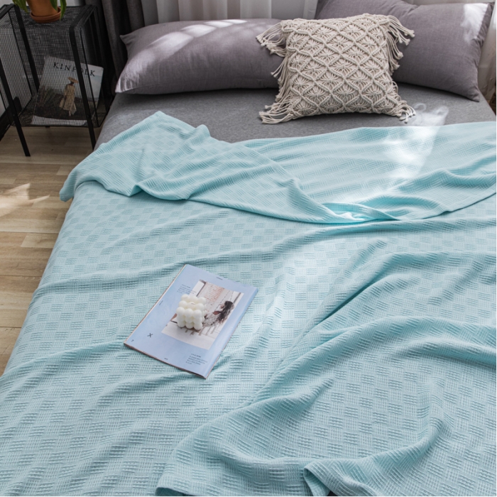 91家纺网 家纺一手货源 找家纺 朴尔2021新款加厚纯色线毯纱布毛巾被素色纯棉肌理线毯-水绿