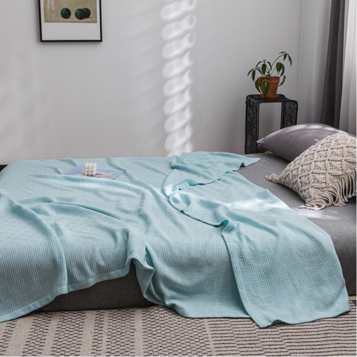 91家纺网 家纺一手货源 找家纺 朴尔2021新款加厚纯色线毯纱布毛巾被素色纯棉肌理线毯-水绿