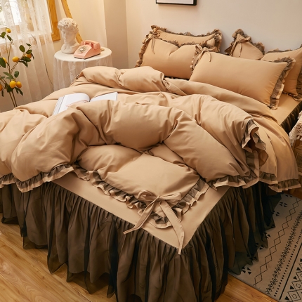 91家纺网 家纺一手货源 找家纺 2025新款莉莉安床裙四件套床裙三件套韩版四件套 悦色-卡其