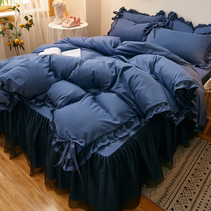 91家纺网 家纺一手货源 找家纺 2025新款莉莉安床裙四件套床裙三件套韩版四件套 悦色-藏蓝