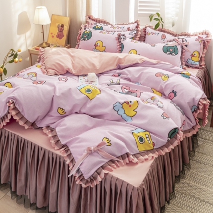 91家纺网 家纺一手货源 找家纺 （总）直播爆款韩版公主风蕾丝床裙四件套花边植物羊绒磨毛韩版四件套