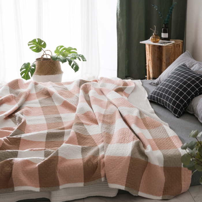 91家纺网 家纺一手货源 找家纺 朴尔2021新款全棉水洗棉四层纱布毛巾被 复古大格-豆沙
