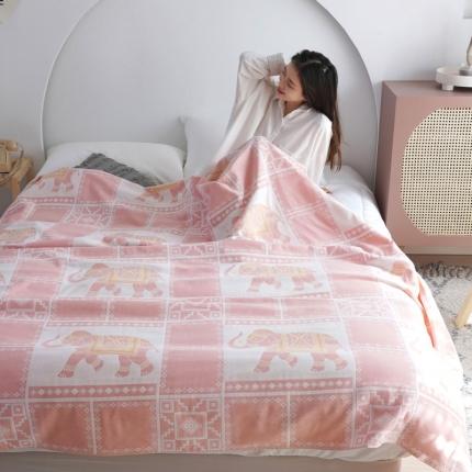 百花毛巾 2021新款双层纱布毯 方格象-粉色