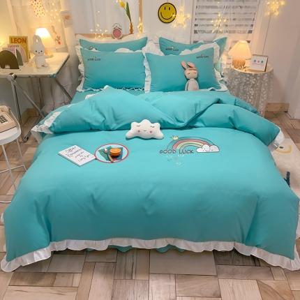 91家纺网 家纺一手货源 找家纺 绒兔兔 2021韩版柔肤棉彩虹刺绣四件套 湖蓝