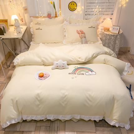 91家纺网 家纺一手货源 找家纺 绒兔兔 2021韩版柔肤棉彩虹刺绣四件套 奶白