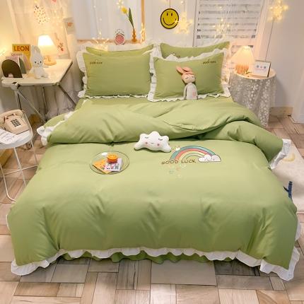 91家纺网 家纺一手货源 找家纺 绒兔兔 2021韩版柔肤棉彩虹刺绣四件套 牛油果绿