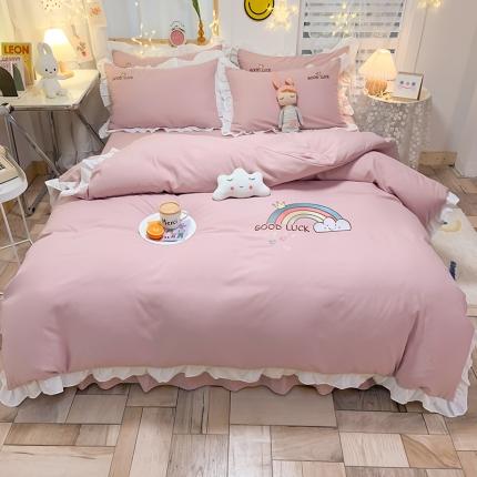 91家纺网 家纺一手货源 找家纺 绒兔兔 2021韩版柔肤棉彩虹刺绣四件套 皮粉