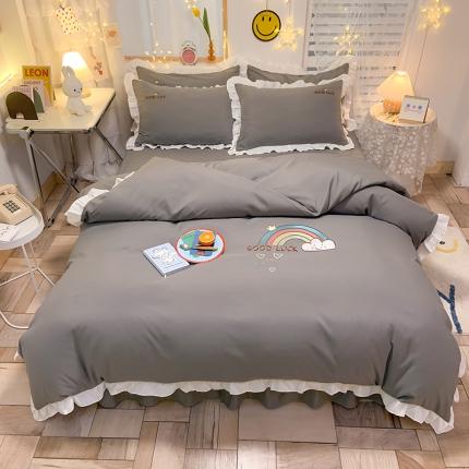 91家纺网 家纺一手货源 找家纺 绒兔兔 2021韩版柔肤棉彩虹刺绣四件套 绅士灰