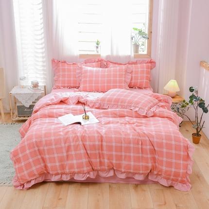 91家纺网 家纺一手货源 找家纺 绒兔兔 2021韩版水洗棉时尚格四件套 粉格