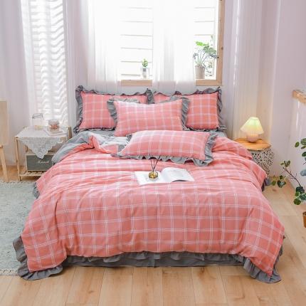 91家纺网 家纺一手货源 找家纺 绒兔兔 2021韩版水洗棉时尚格四件套 粉灰