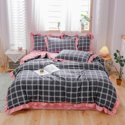 91家纺网 家纺一手货源 找家纺 绒兔兔 2021韩版水洗棉时尚格四件套 灰粉