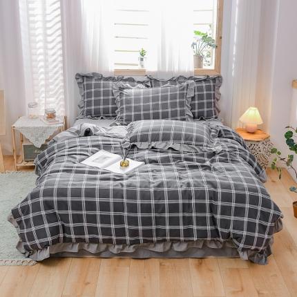 91家纺网 家纺一手货源 找家纺 绒兔兔 2021韩版水洗棉时尚格四件套 灰格