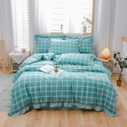 91家纺网 家纺一手货源 找家纺 绒兔兔 2021韩版水洗棉时尚格四件套 蓝格