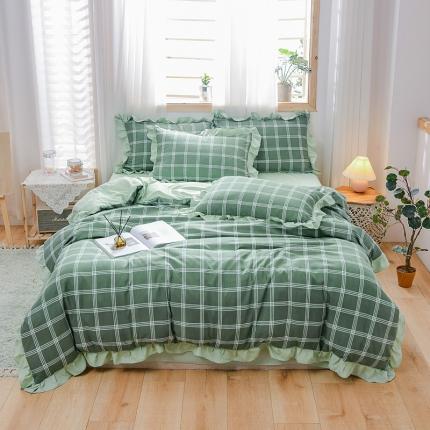 91家纺网 家纺一手货源 找家纺 绒兔兔 2021韩版水洗棉时尚格四件套 绿格