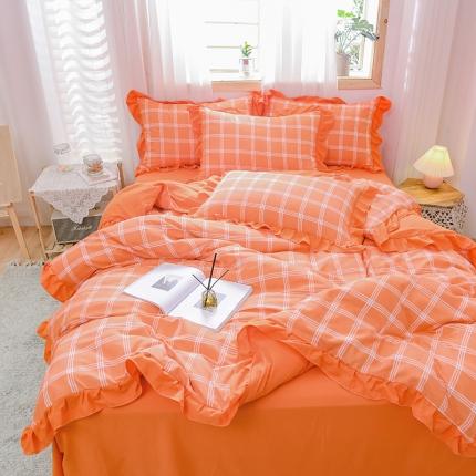 绒兔兔 2021韩版水洗棉时尚格四件套 橙格