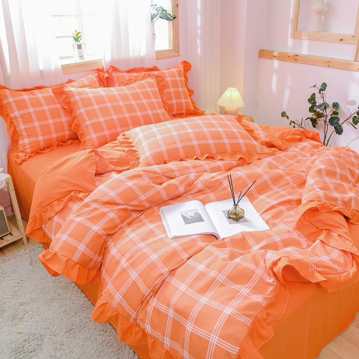 91家纺网 家纺一手货源 找家纺 绒兔兔 2021韩版水洗棉时尚格四件套 橙格