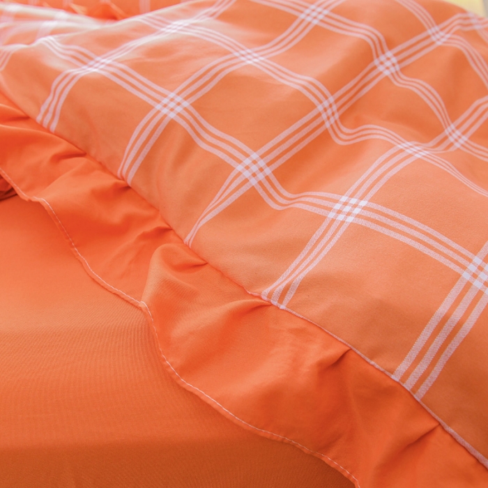 91家纺网 家纺一手货源 找家纺 绒兔兔 2021韩版水洗棉时尚格四件套 橙格