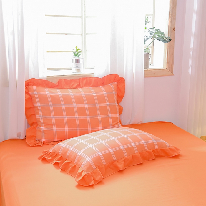 91家纺网 家纺一手货源 找家纺 绒兔兔 2021韩版水洗棉时尚格四件套 橙格