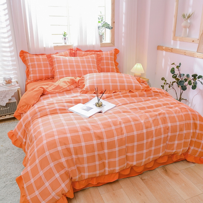 91家纺网 家纺一手货源 找家纺 绒兔兔 2021韩版水洗棉时尚格四件套 橙格