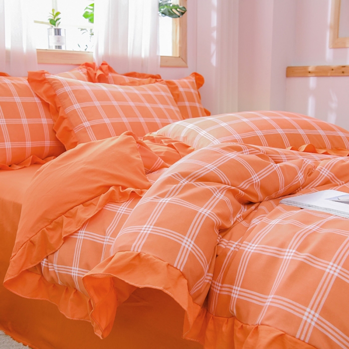 91家纺网 家纺一手货源 找家纺 绒兔兔 2021韩版水洗棉时尚格四件套 橙格