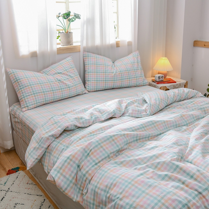 91家纺网 家纺一手货源 找家纺 恋人优选 2023新款纯棉水洗色织四件套 冰激凌格