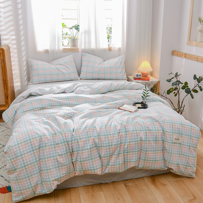 91家纺网 家纺一手货源 找家纺 恋人优选 2023新款纯棉水洗色织四件套 冰激凌格