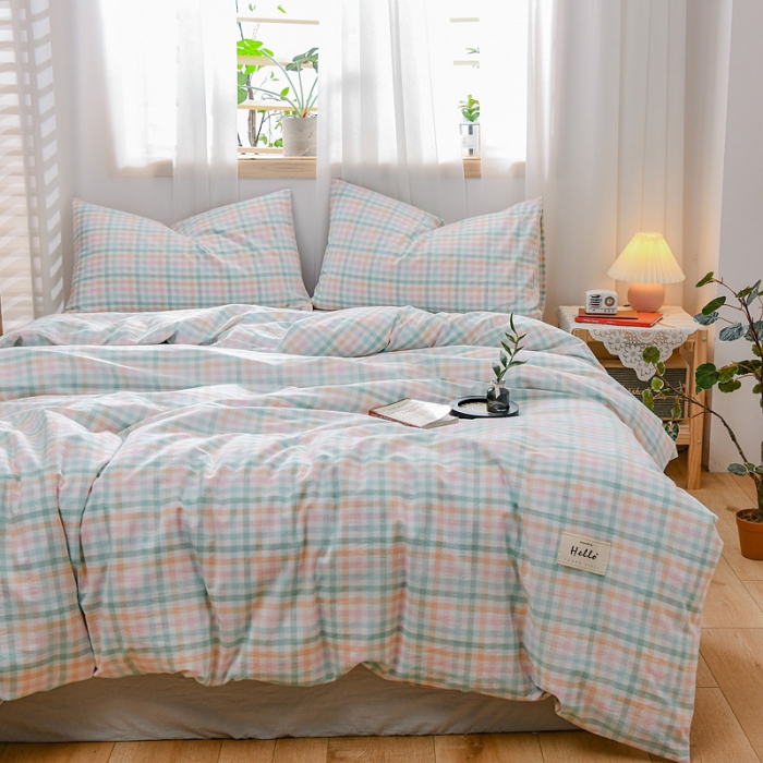 91家纺网 家纺一手货源 找家纺 恋人优选 2023新款纯棉水洗色织四件套 冰激凌格