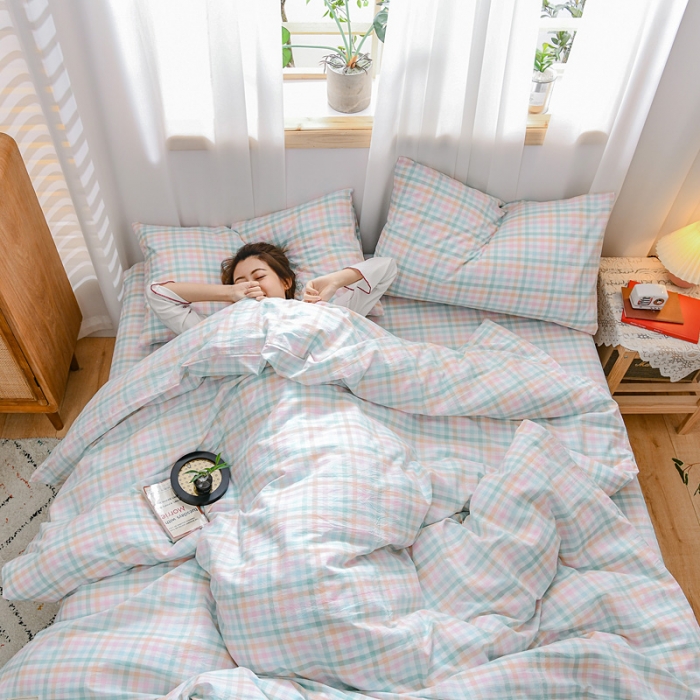 91家纺网 家纺一手货源 找家纺 恋人优选 2023新款纯棉水洗色织四件套 冰激凌格