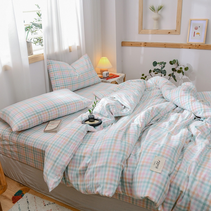 91家纺网 家纺一手货源 找家纺 恋人优选 2023新款纯棉水洗色织四件套 冰激凌格