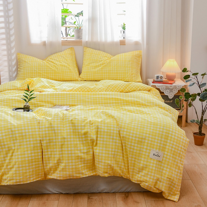 91家纺网 家纺一手货源 找家纺 恋人优选 2023新款纯棉水洗色织四件套 彩虹黄小格