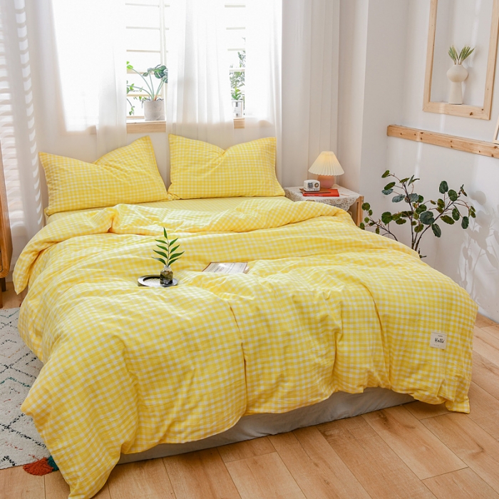 91家纺网 家纺一手货源 找家纺 恋人优选 2023新款纯棉水洗色织四件套 彩虹黄小格