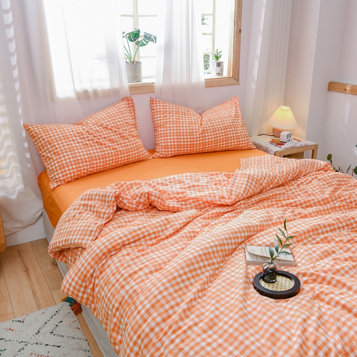 91家纺网 家纺一手货源 找家纺 恋人优选 2023新款纯棉水洗色织四件套 彩虹橘小格