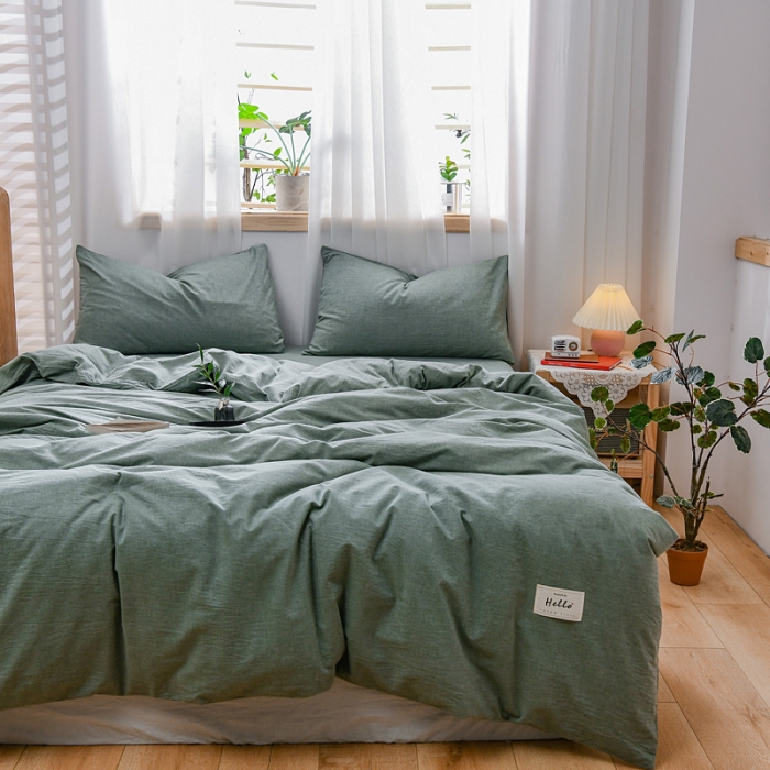 91家纺网 家纺一手货源 找家纺 恋人优选 2023新款纯棉水洗色织四件套 草绿