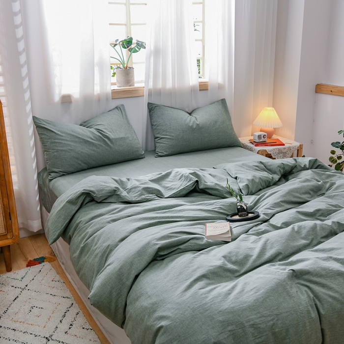 91家纺网 家纺一手货源 找家纺 恋人优选 2023新款纯棉水洗色织四件套 草绿