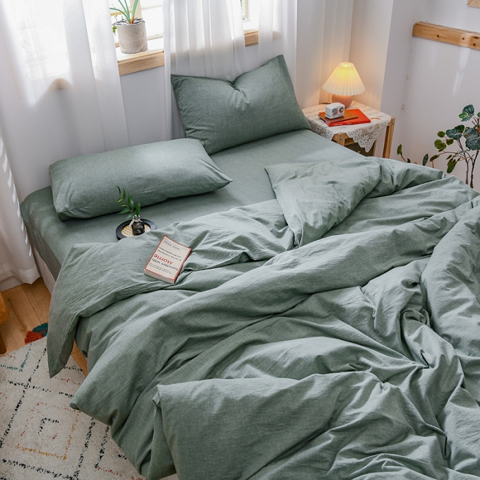 91家纺网 家纺一手货源 找家纺 恋人优选 2023新款纯棉水洗色织四件套 草绿