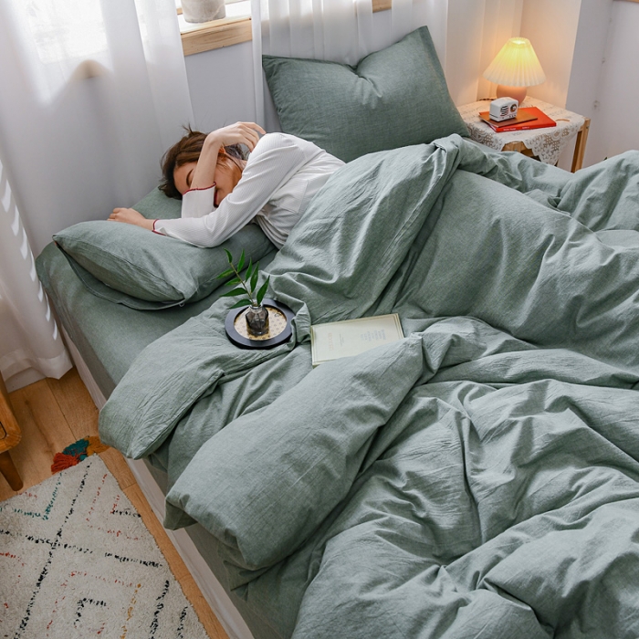 91家纺网 家纺一手货源 找家纺 恋人优选 2023新款纯棉水洗色织四件套 草绿