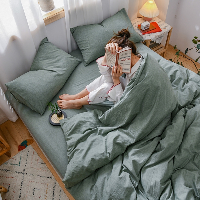 91家纺网 家纺一手货源 找家纺 恋人优选 2023新款纯棉水洗色织四件套 草绿