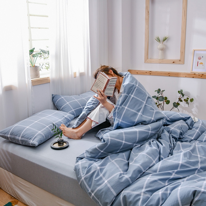 91家纺网 家纺一手货源 找家纺 恋人优选 2023新款纯棉水洗色织四件套 海蓝格