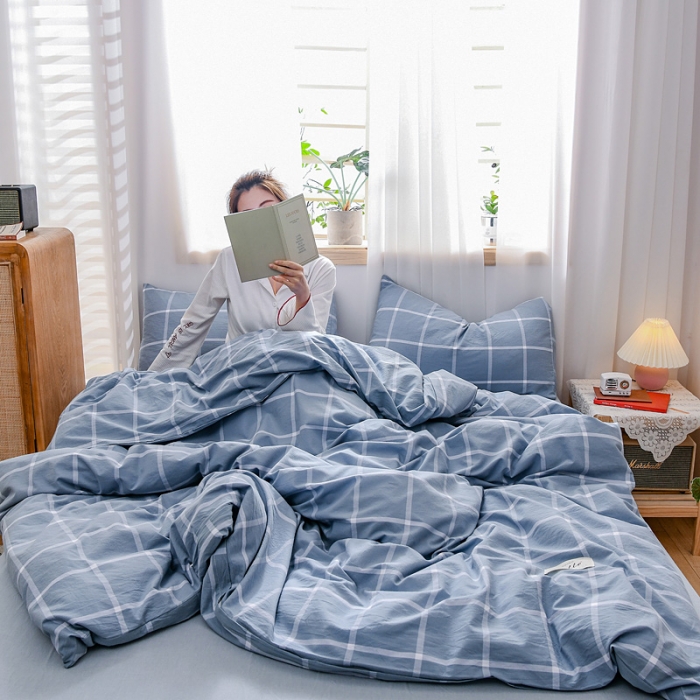 91家纺网 家纺一手货源 找家纺 恋人优选 2023新款纯棉水洗色织四件套 海蓝格