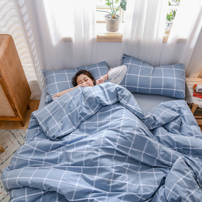 91家纺网 家纺一手货源 找家纺 恋人优选 2023新款纯棉水洗色织四件套 海蓝格