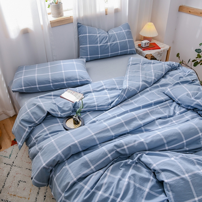 91家纺网 家纺一手货源 找家纺 恋人优选 2023新款纯棉水洗色织四件套 海蓝格