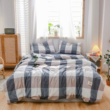 91家纺网 家纺一手货源 找家纺 恋人优选 2023新款纯棉水洗色织四件套 蓝大格