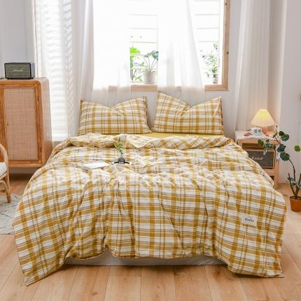 91家纺网 家纺一手货源 找家纺 恋人优选 2023新款纯棉水洗色织四件套 芒果格