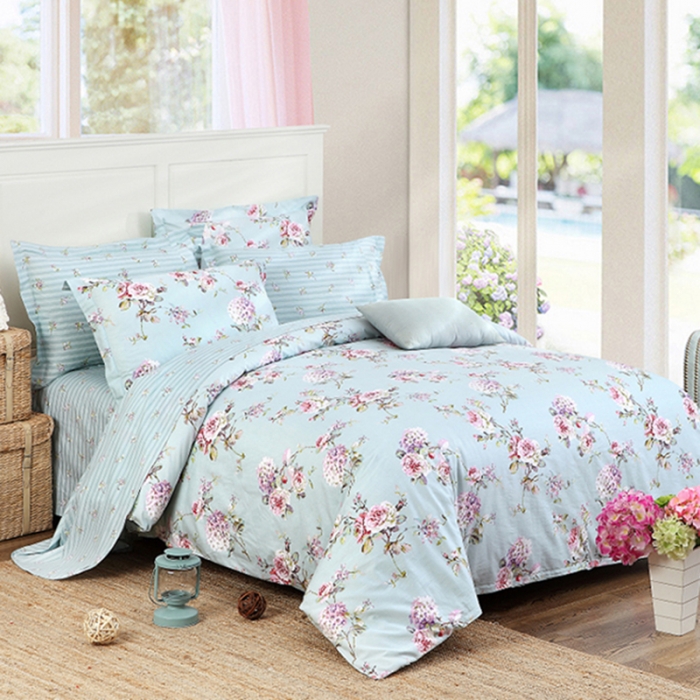 91家纺网 家纺一手货源 找家纺 星期三 2021新款花卉系列全棉13372四件套（加老板微信有会员价） 初妆花蕊蓝