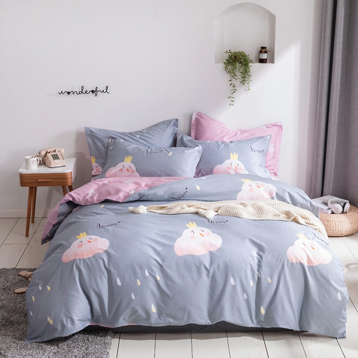 91家纺网 家纺一手货源 找家纺 星期三 2021新款卡通系列全棉13372四件套（加老板微信有会员价） 依云-灰